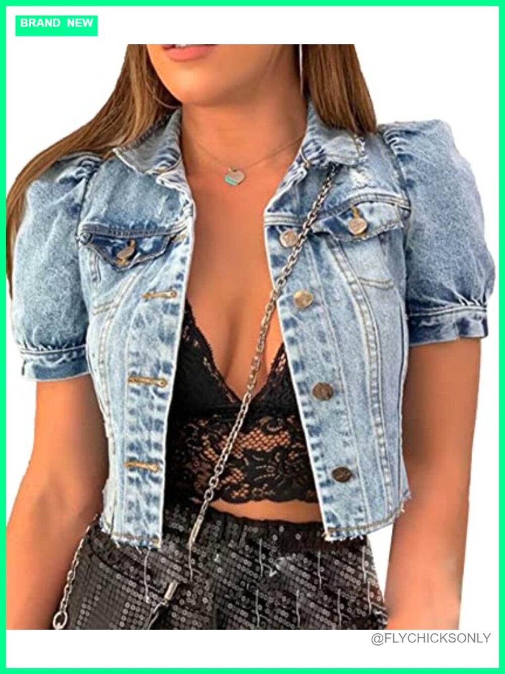 Cropped Denim Jacket Puff Short Sleeve Button Down Crop Coat